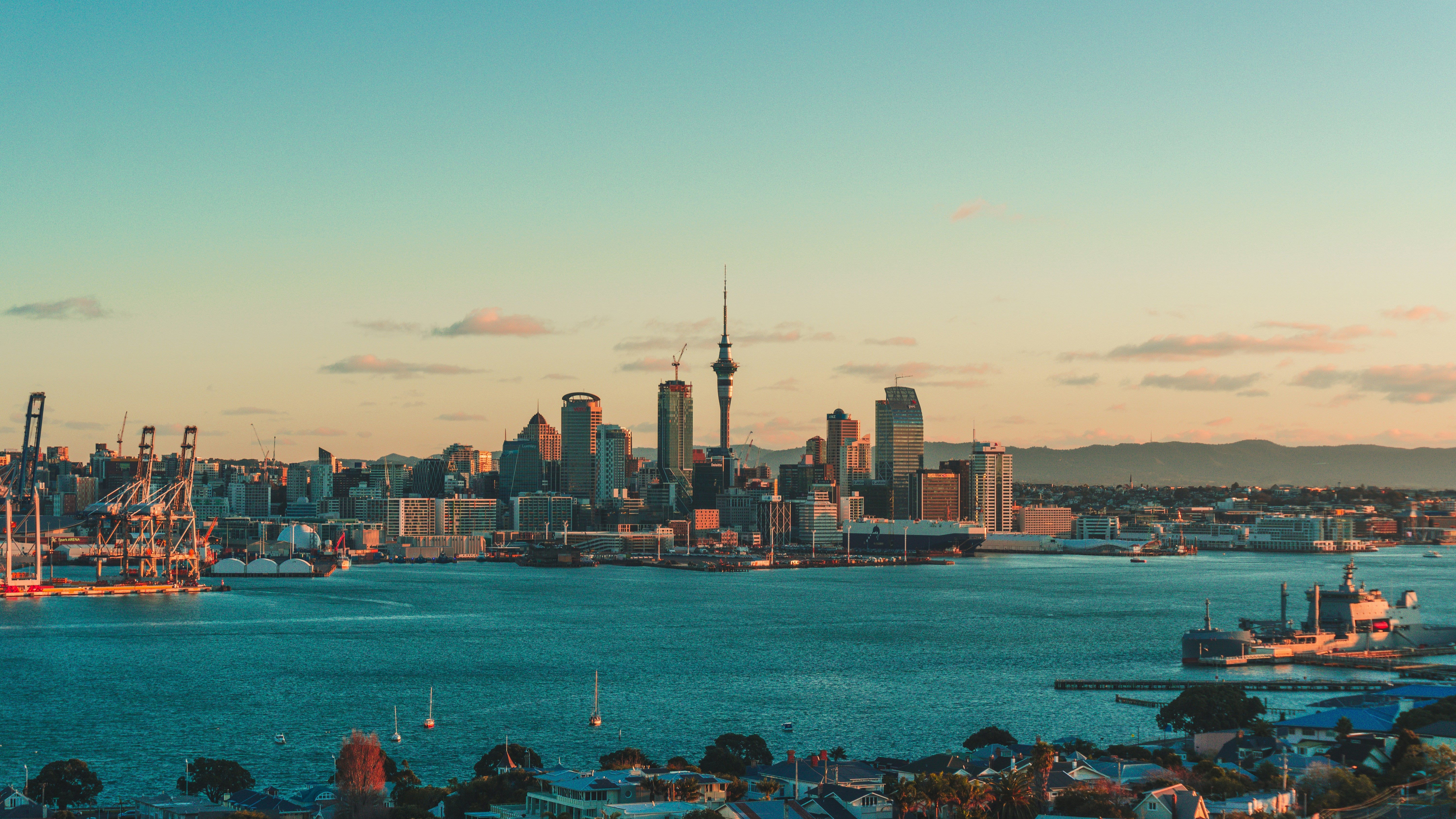 Cityscape of Auckland harbor at twilight