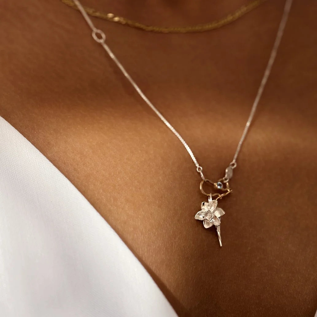 Necklace with a delicate pendant on a person's neck