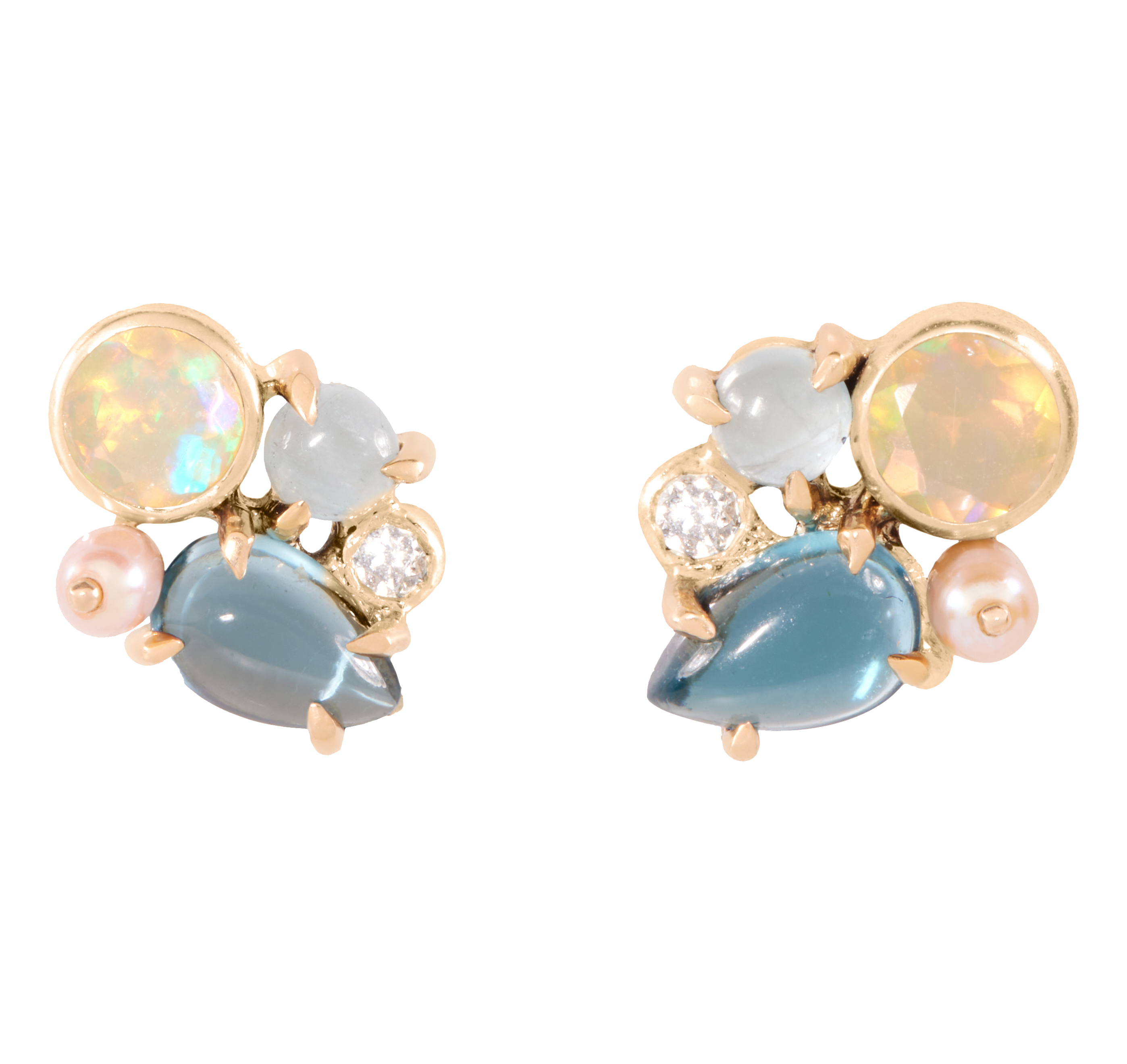 Pair of earrings with multicolored gemstones on a white background