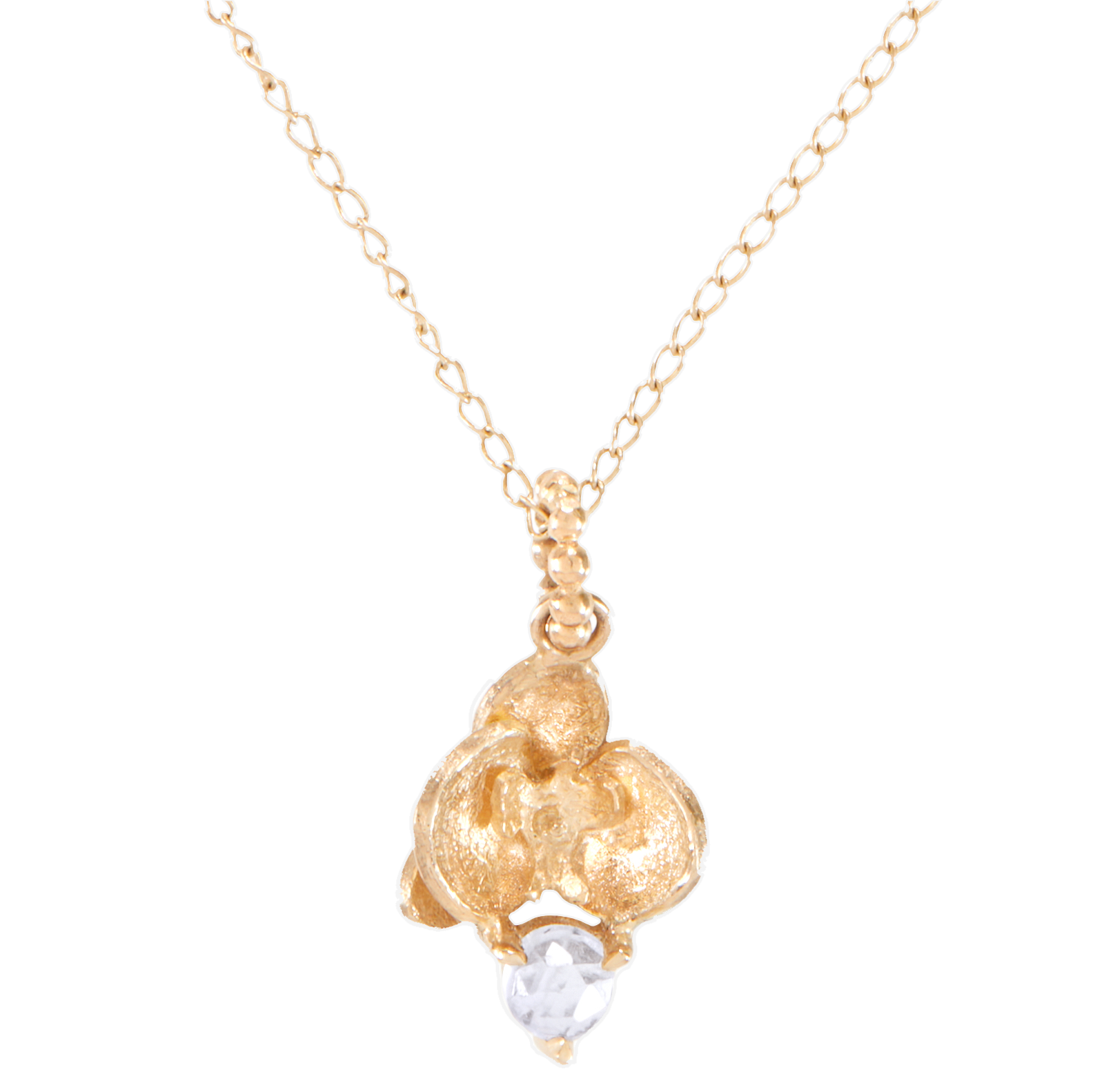 Gold necklace with an orchid and moonstone pendant on a white background