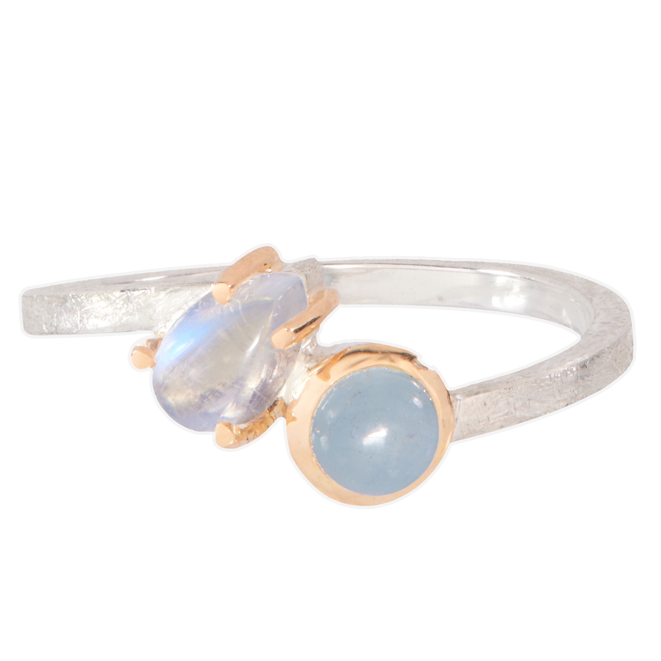 Silver ring with two gemstones, one rainbow moonstone and one blue aquamarine, on a white background.