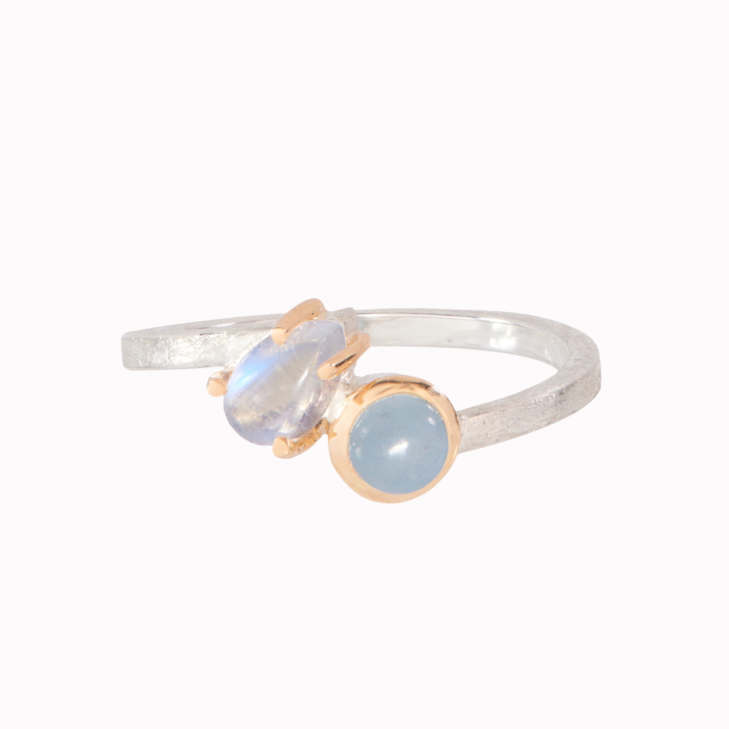Silver ring with two gemstones on a white background