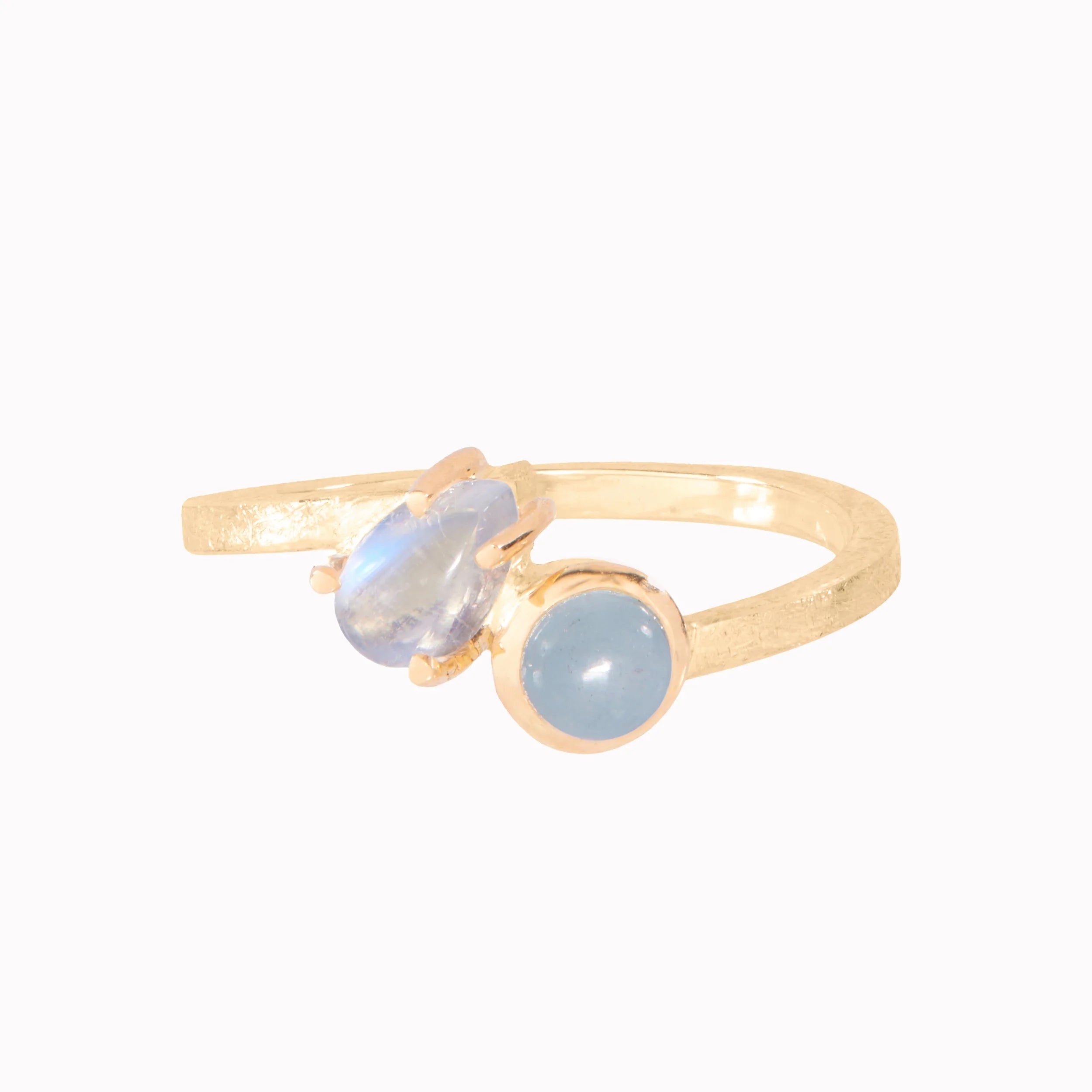 Gold ring with two light blue gemstones on a white background