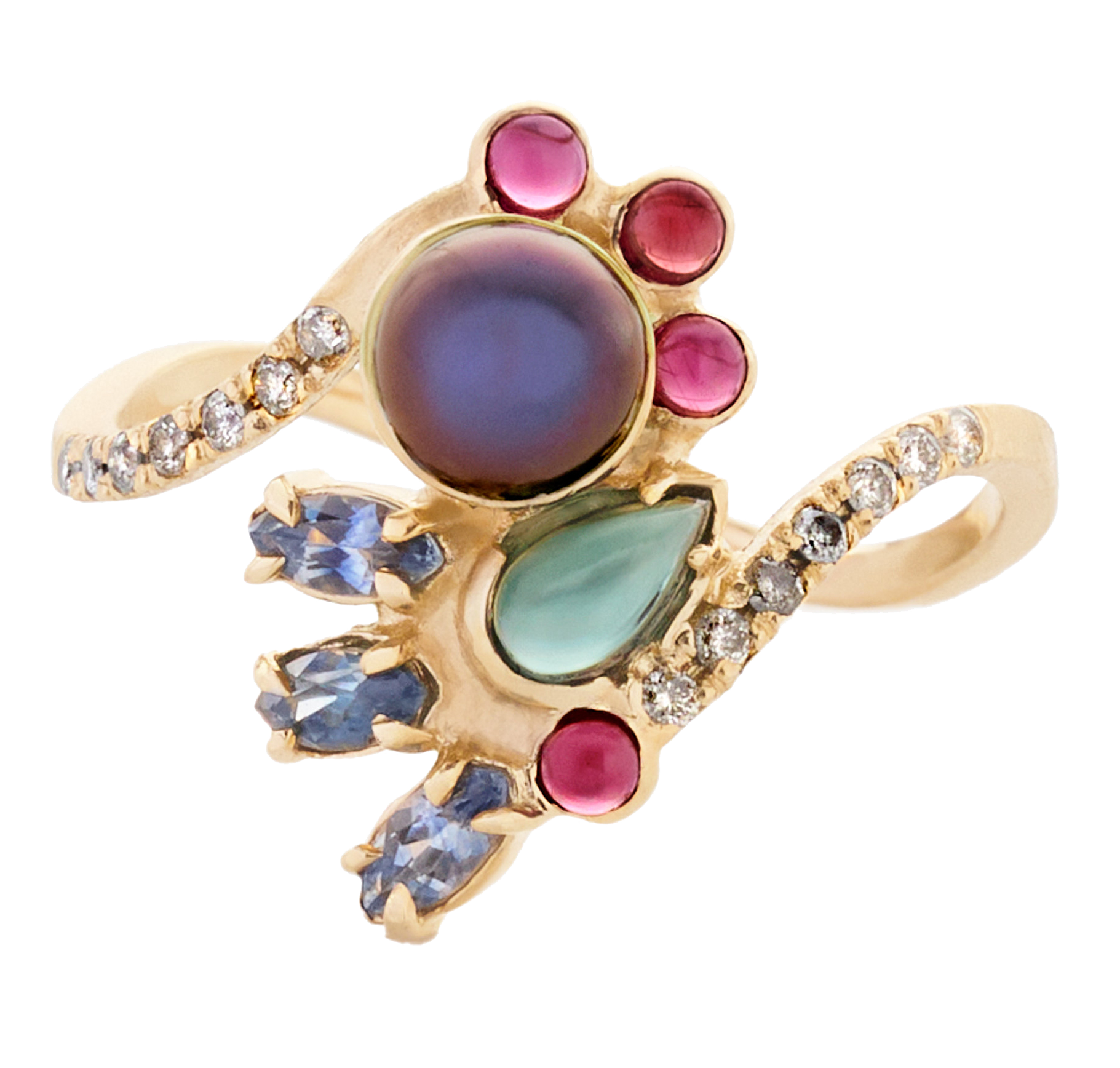 Gold ring with colorful gemstones on a white background