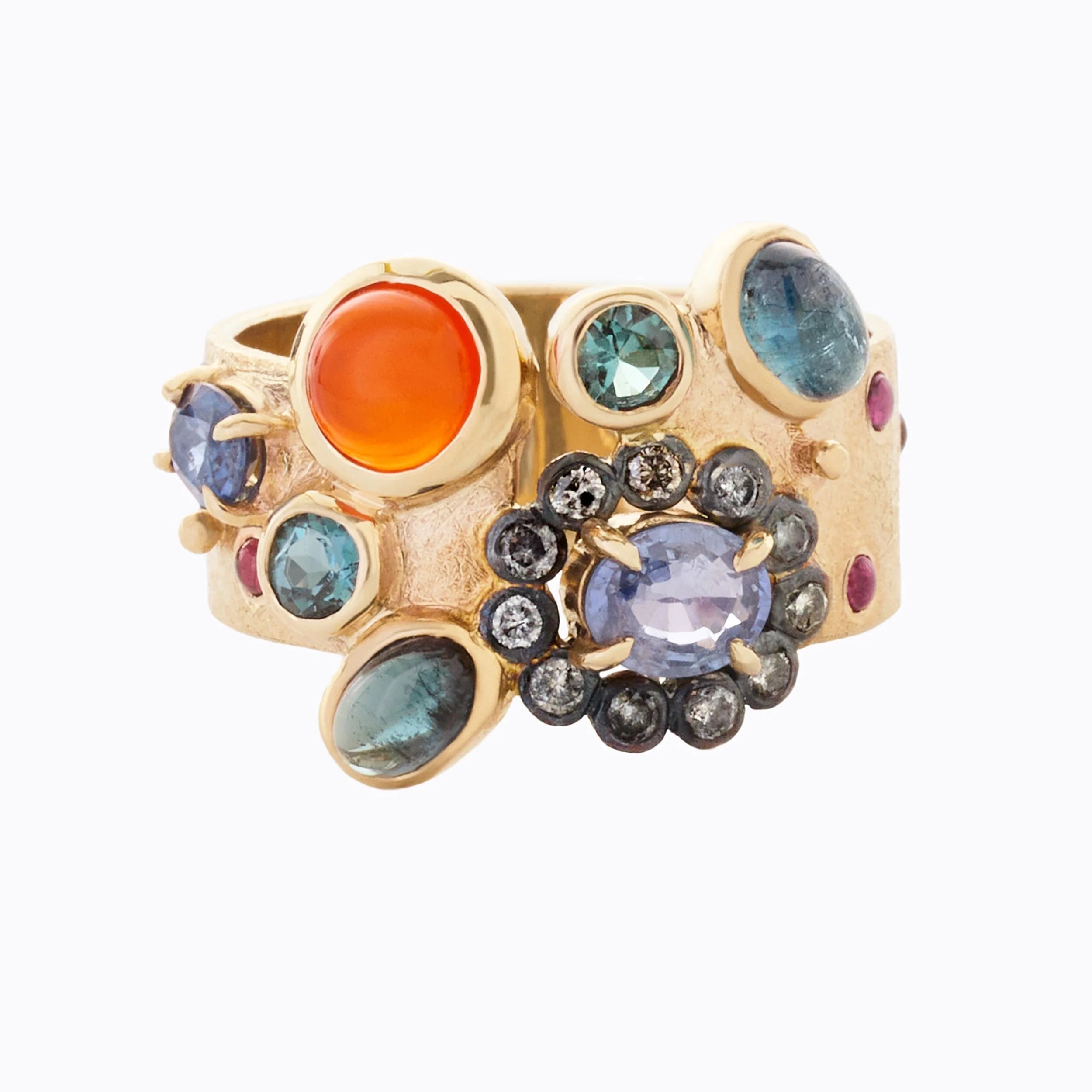 Gold ring with multicolored gemstones on a white background