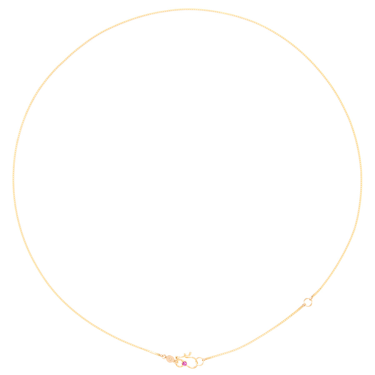 A delicate gold chain necklace with a small gold clasp and a tiny pink gemstone accent, displayed on a clean white background.