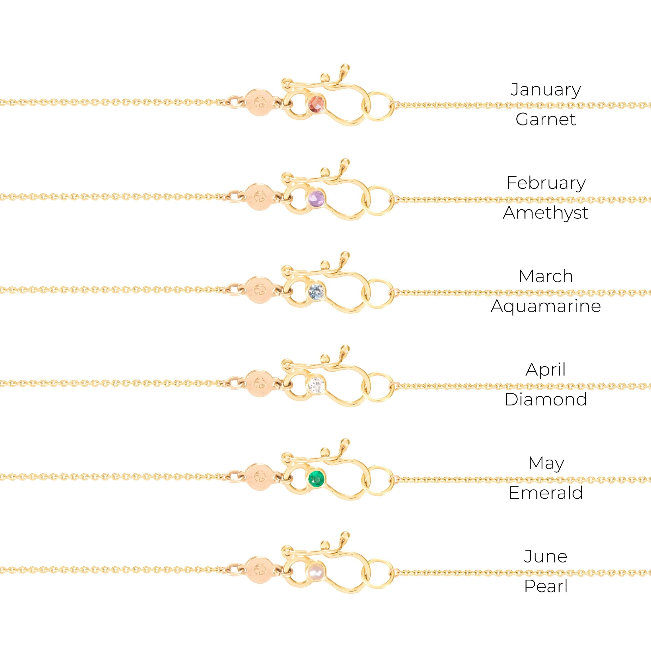 Gold necklaces with gemstones for each month, on a white background.