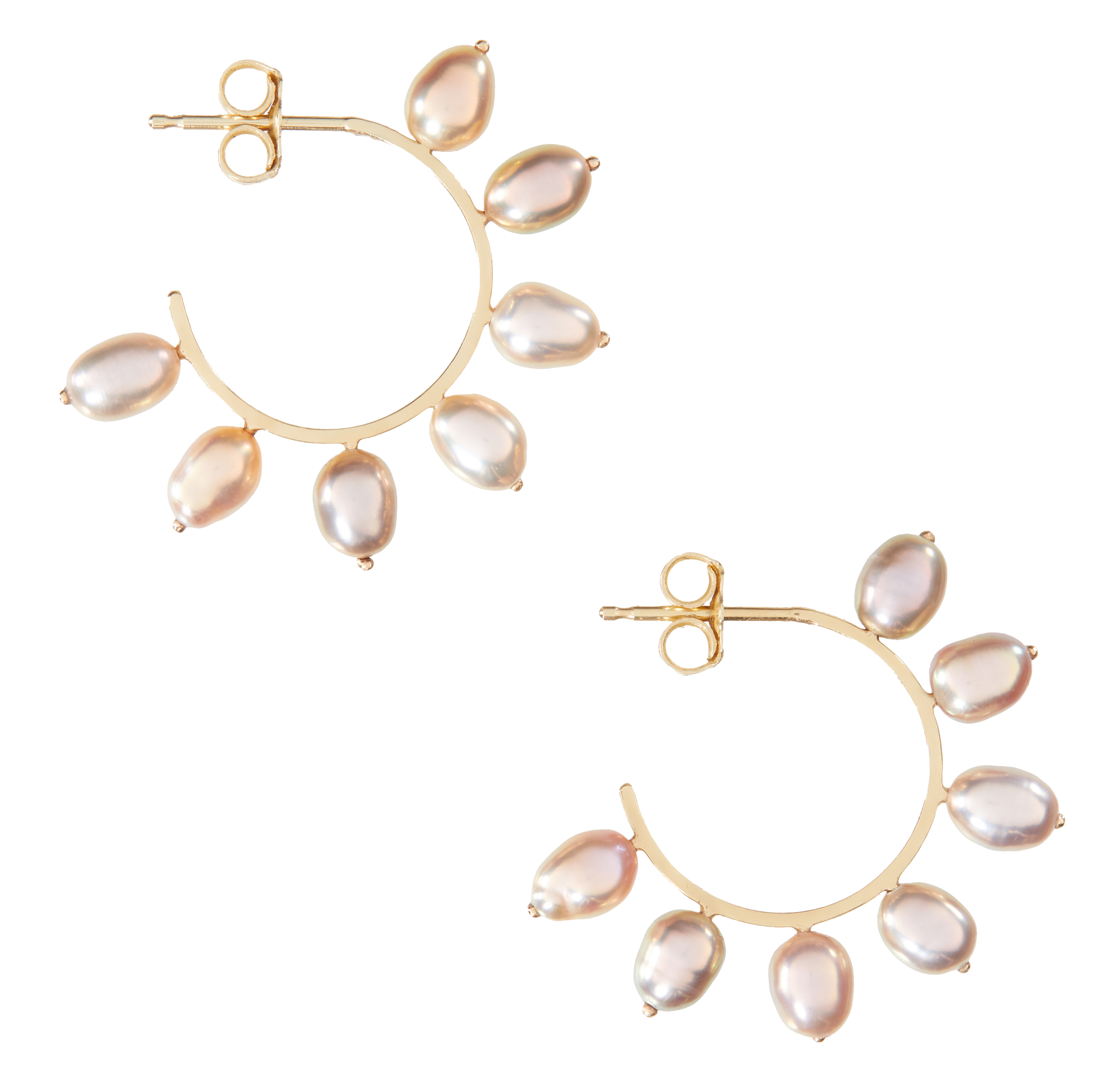 Gold hoop earrings with pink pearls on a white background
