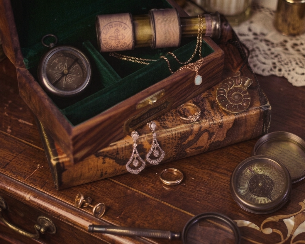 Vintage jewelry in box on antique dresser