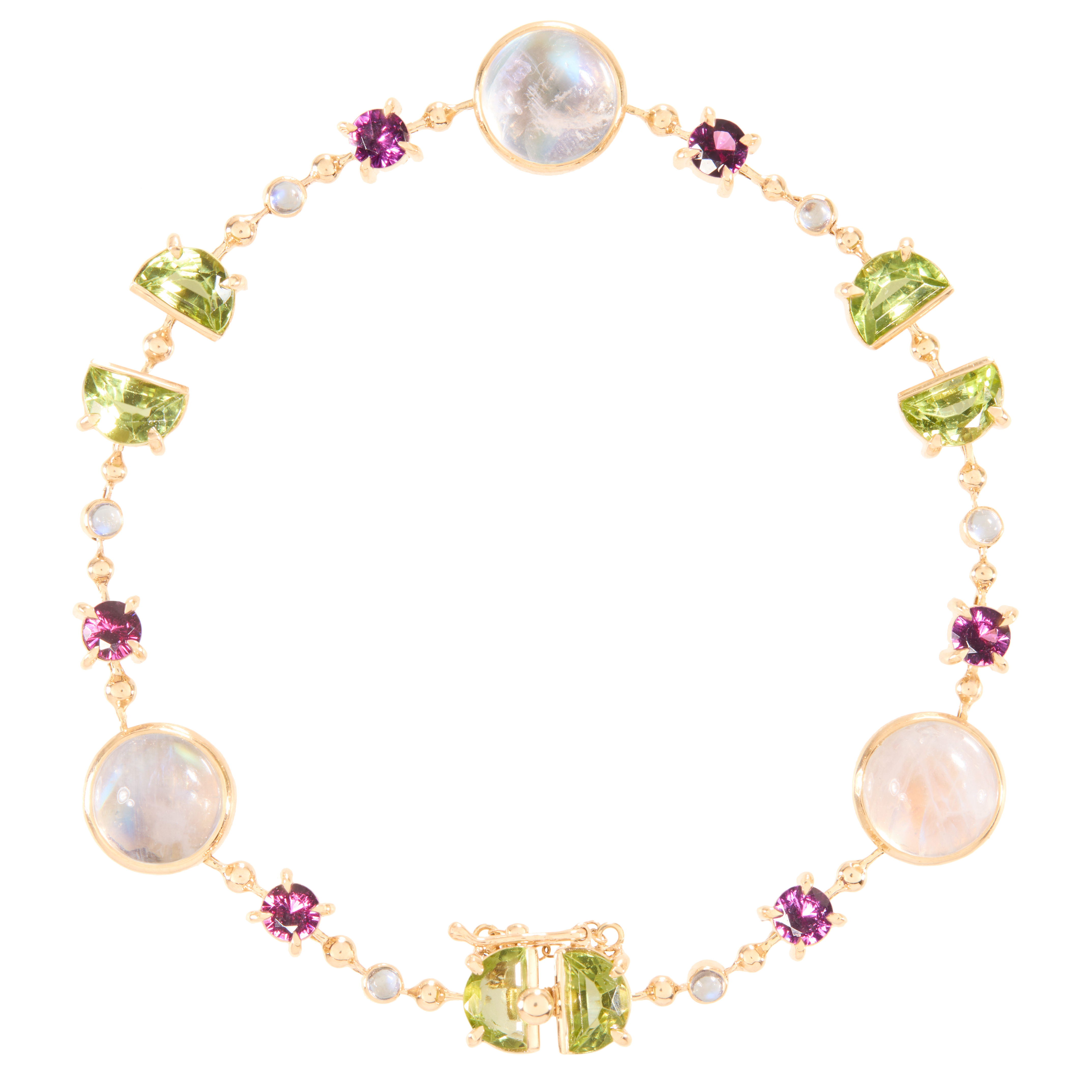 Moonstone bracelet with peridot and garnet gemstones on a clear background