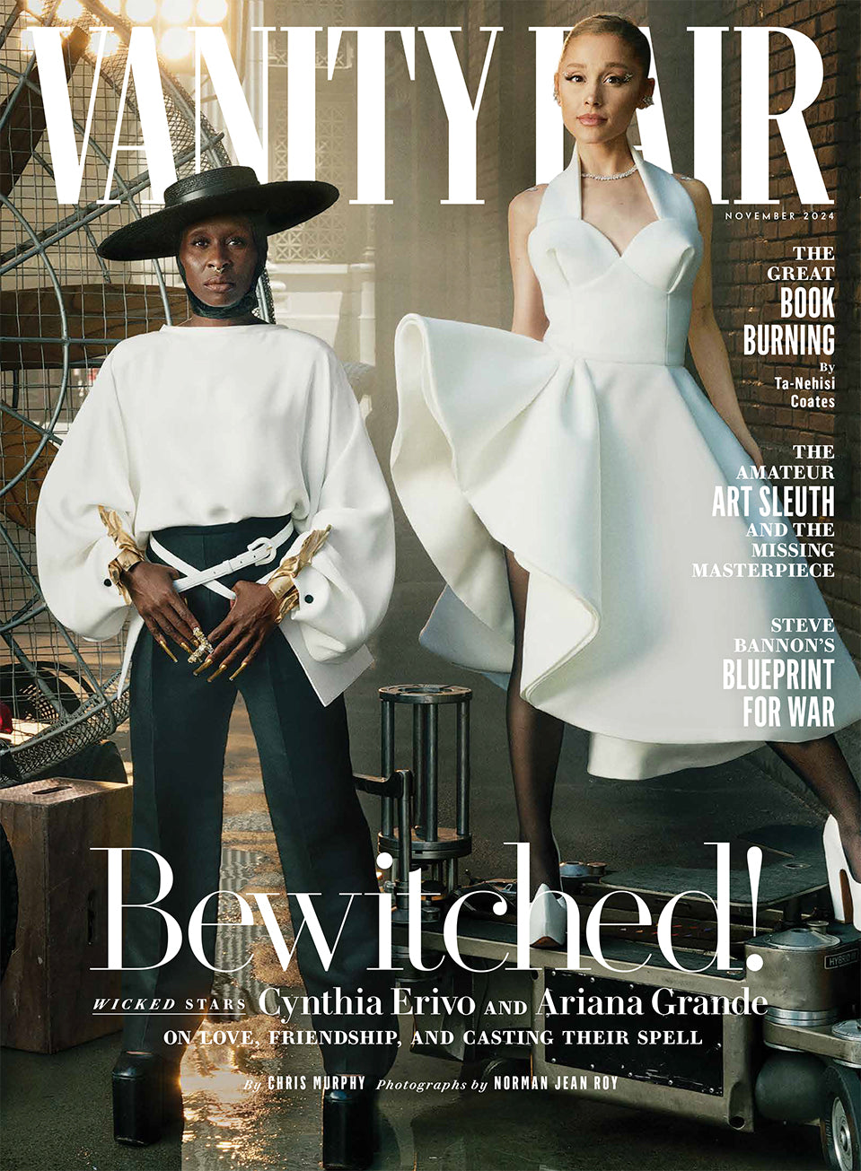 Vanity Fair magazine cover featuring two people in formal attire with text about 'Bewitched'.