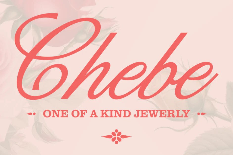 Jewelry brand 'Chebe' logo with pink text on a floral background