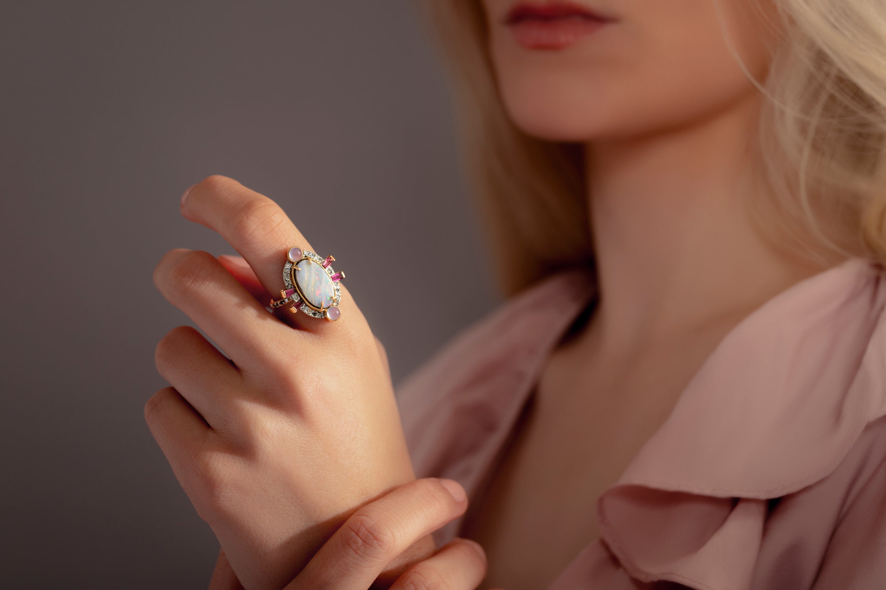 Large opal and diamond cocktail ring on model