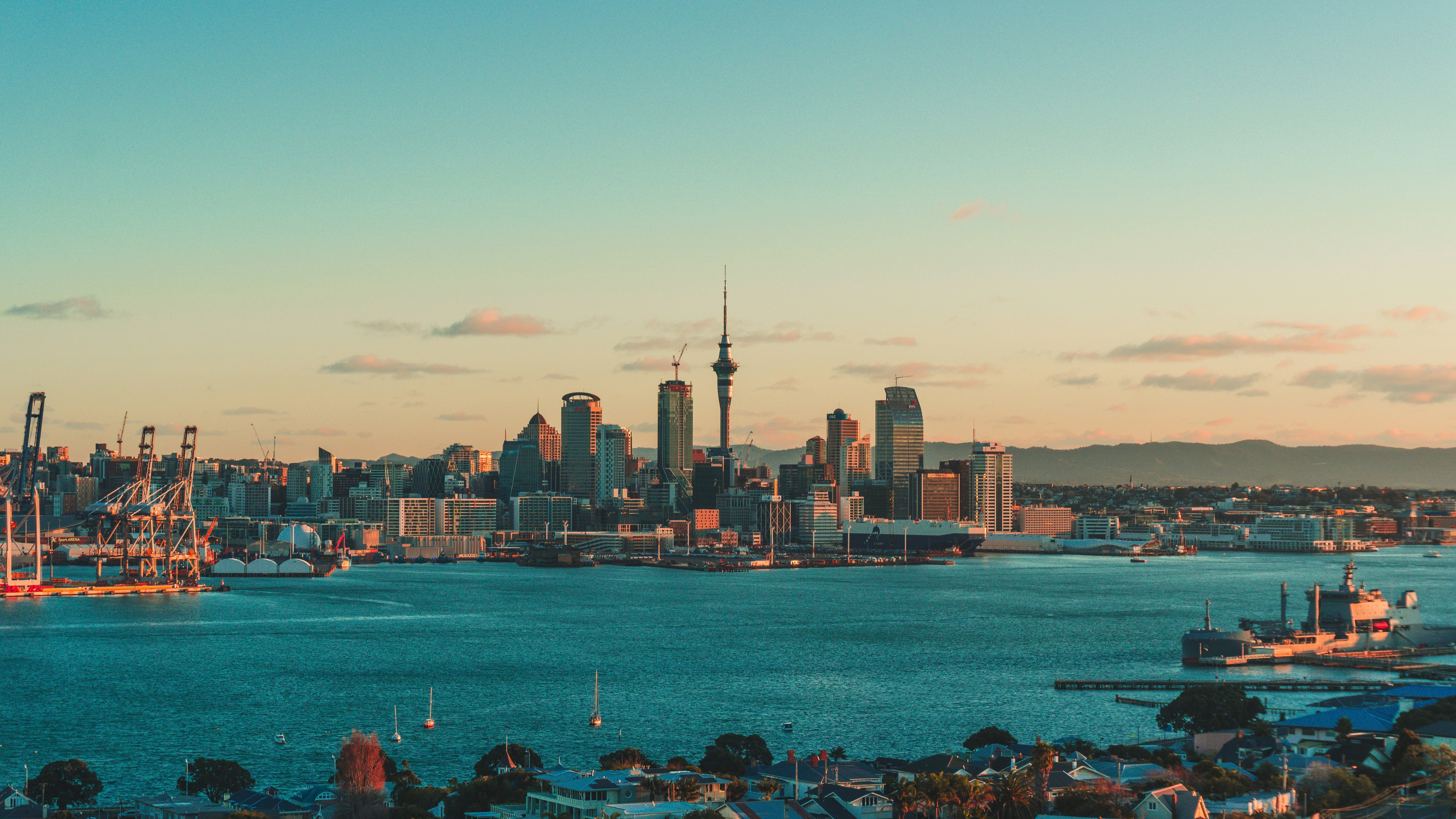 Cityscape of Auckland harbor at twilight