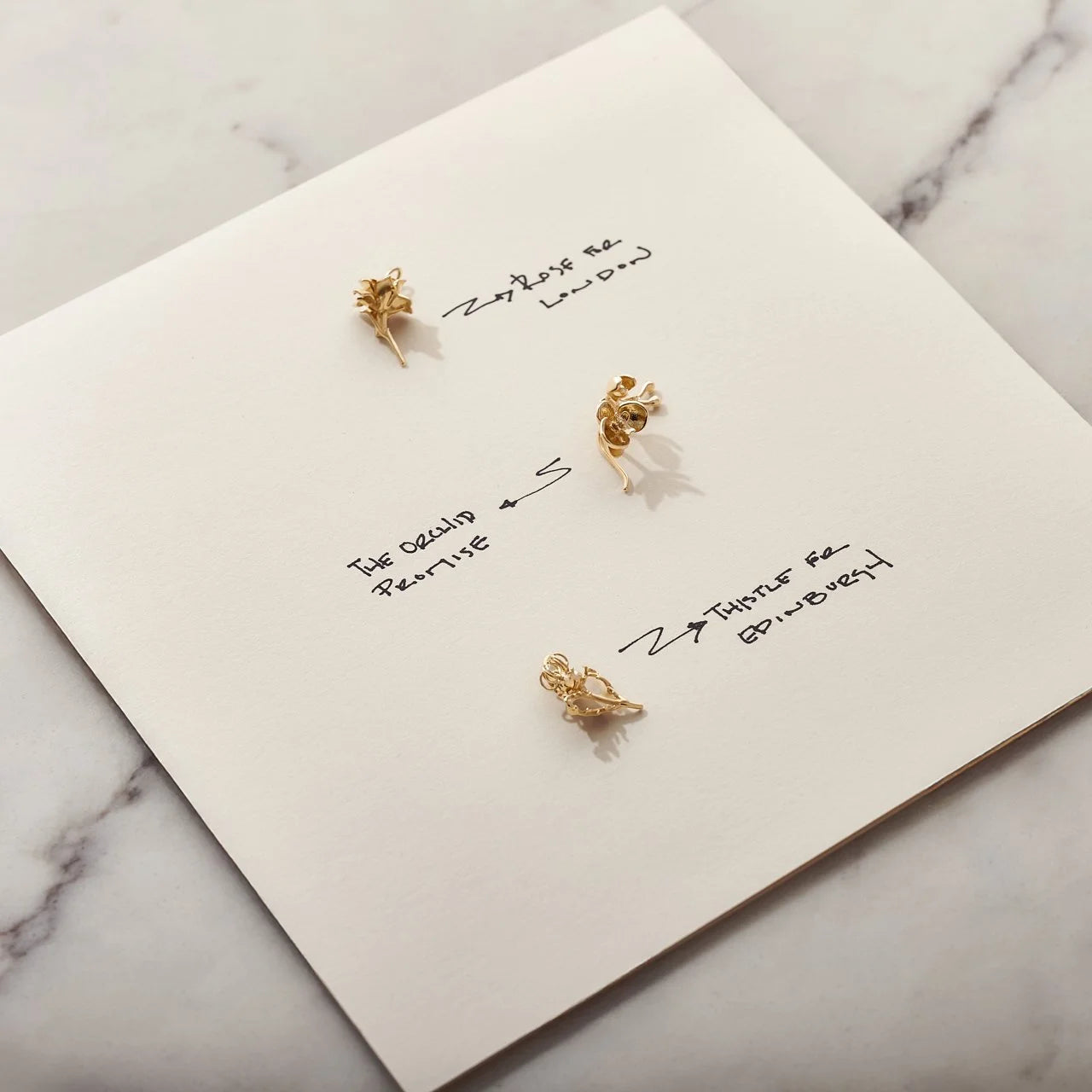 Gold charms on a white card with handwritten notes on a marble surface