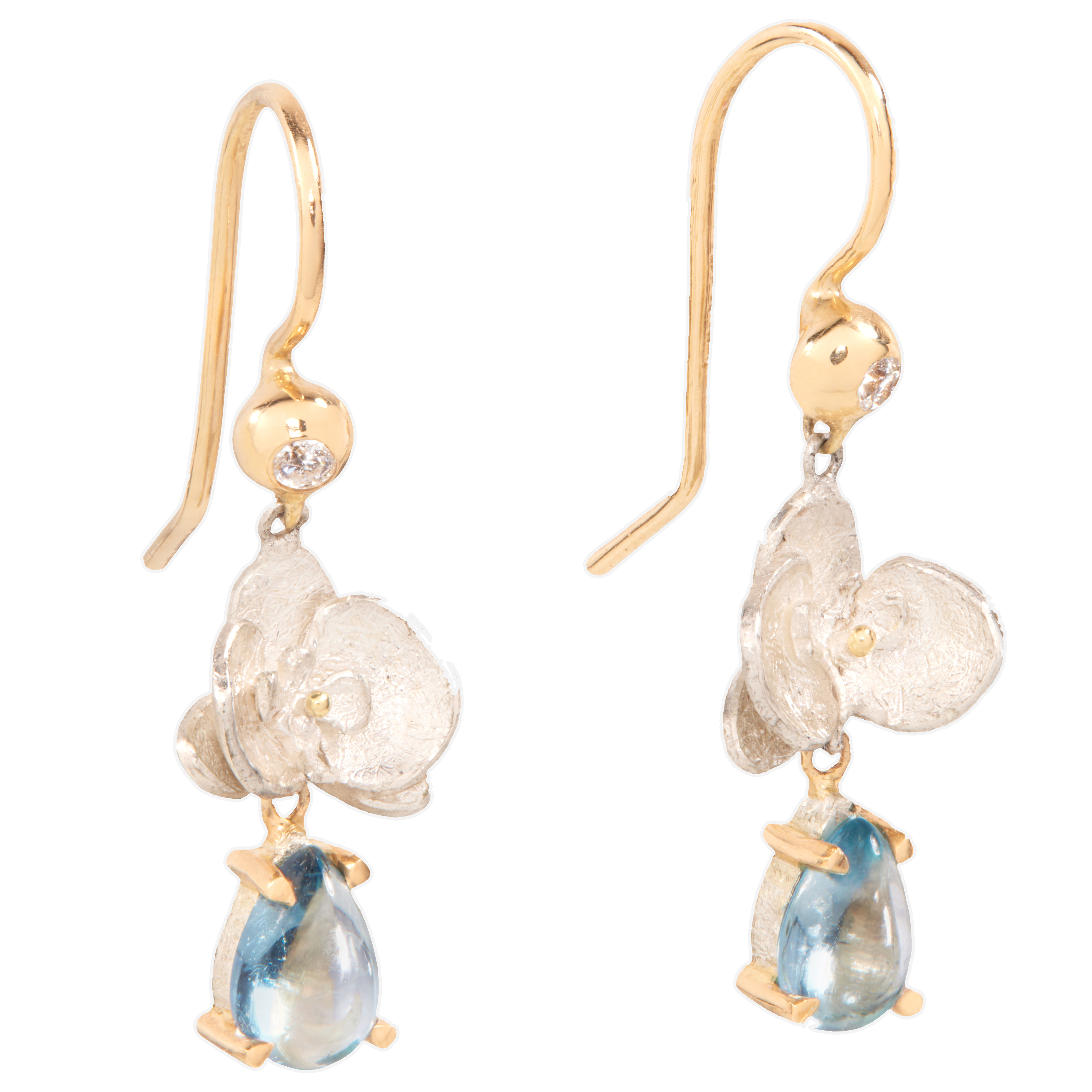 Gold earrings with orchid and blue topaz teardrop designs on a white background