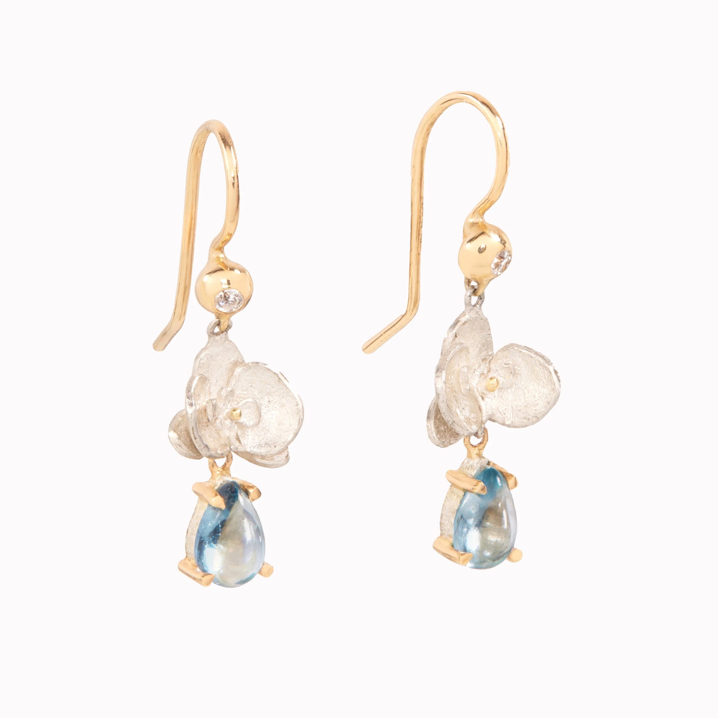 Gold earrings with blue teardrop-shaped gemstones on a white background