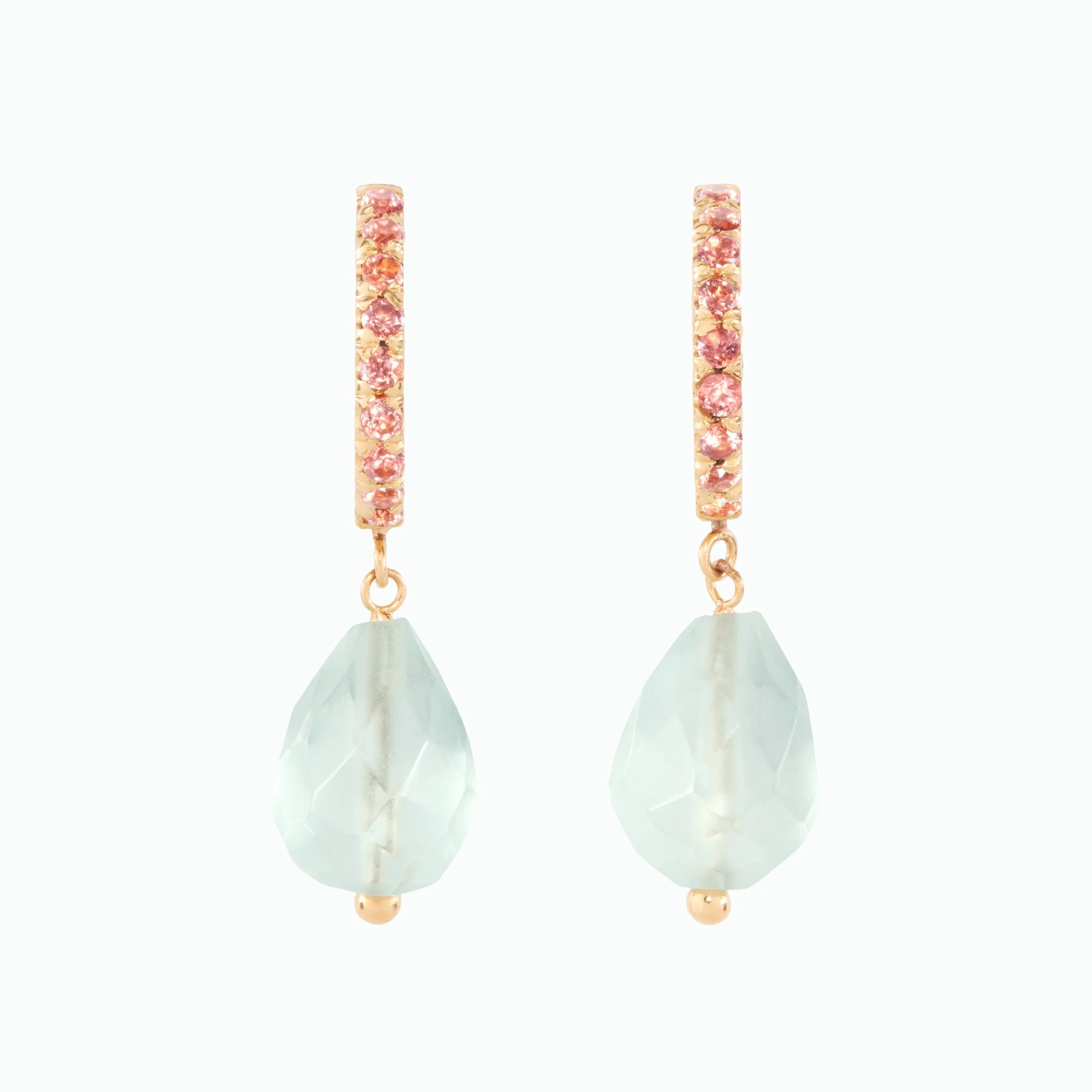 Pair of gold earrings with pink stones and blue gemstone drops on white background.