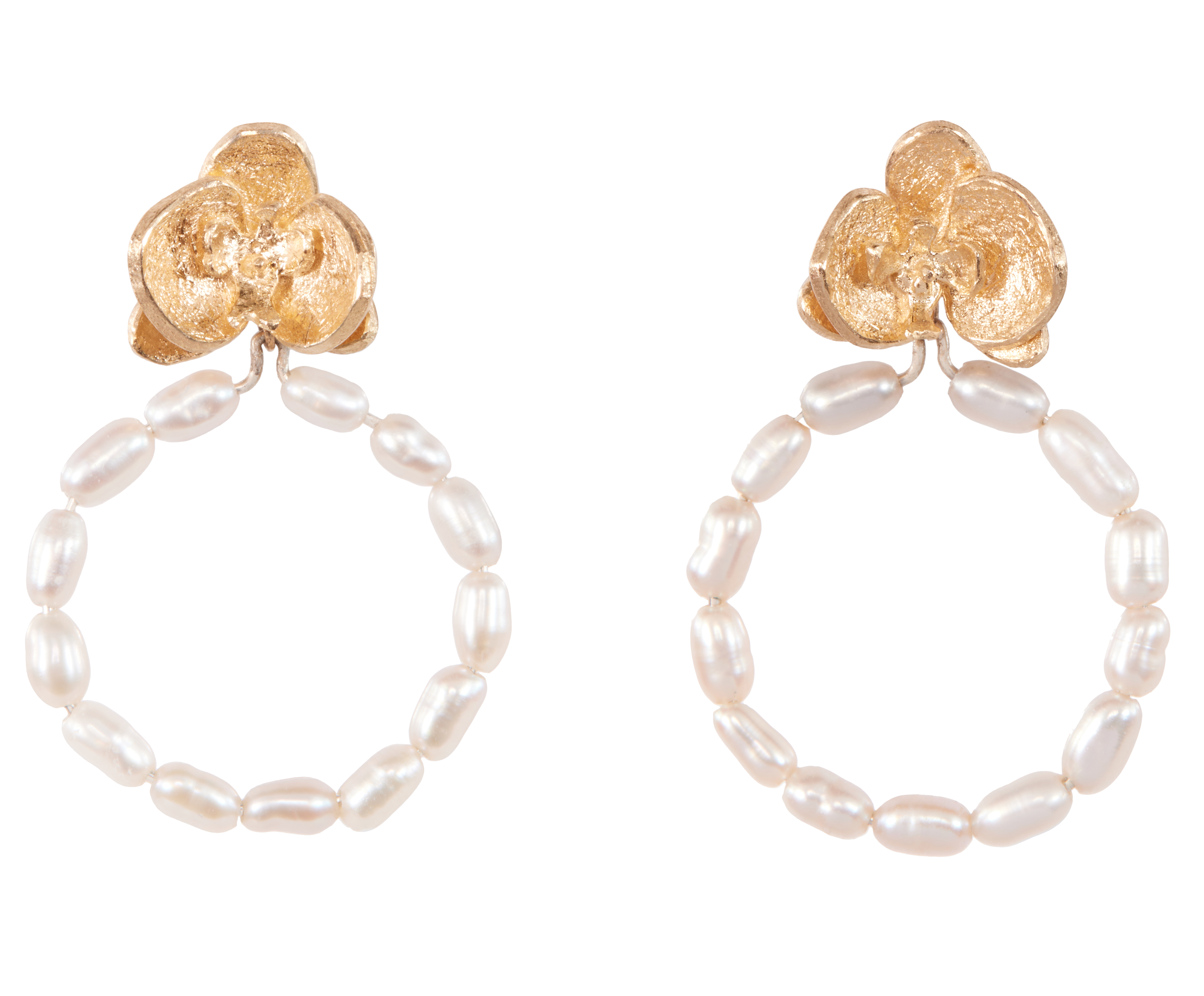 Pair of hoop earrings with pearl beads and gold floral tops on a white background