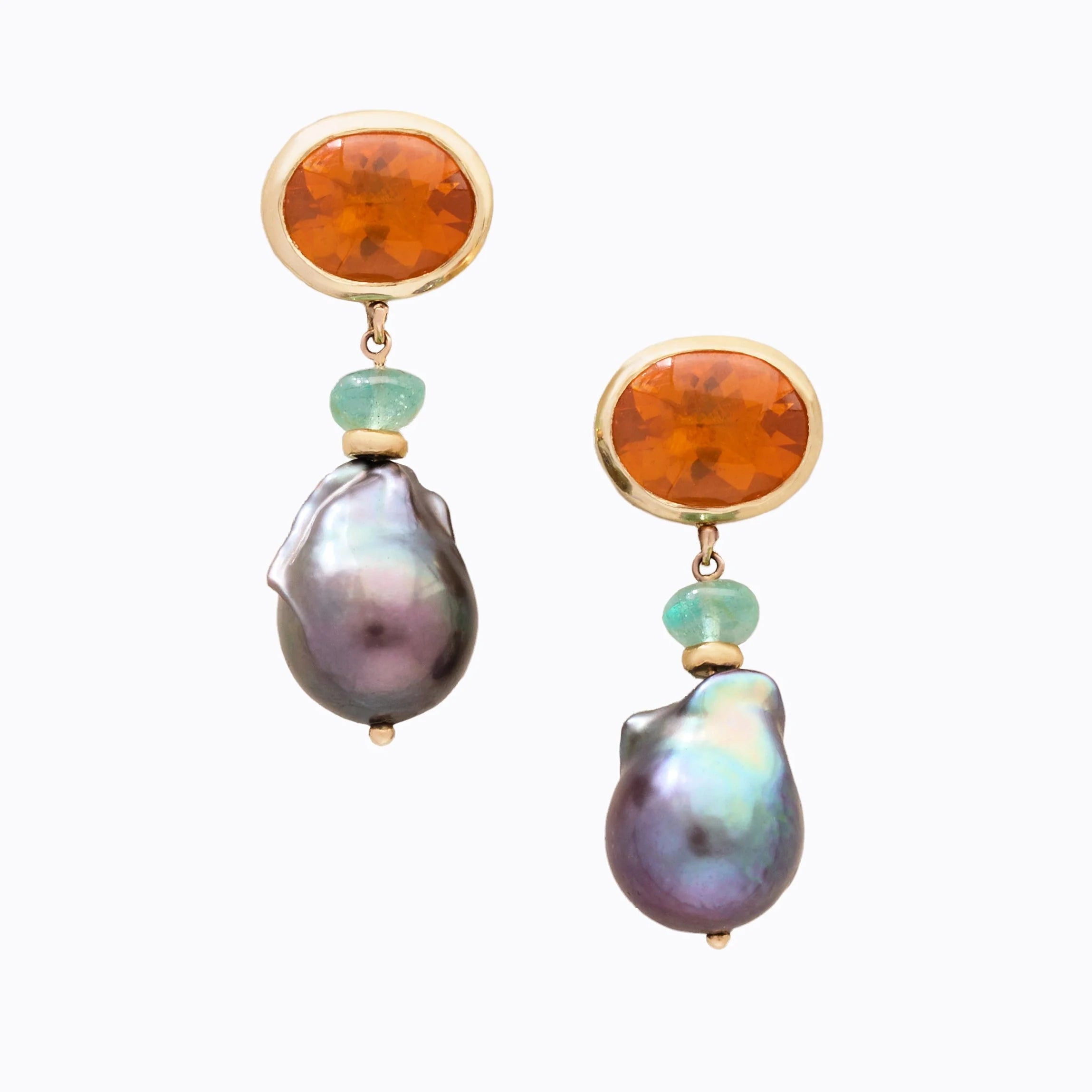 Pair of earrings with opal, pearl, and pearl gemstone drops on a white background.