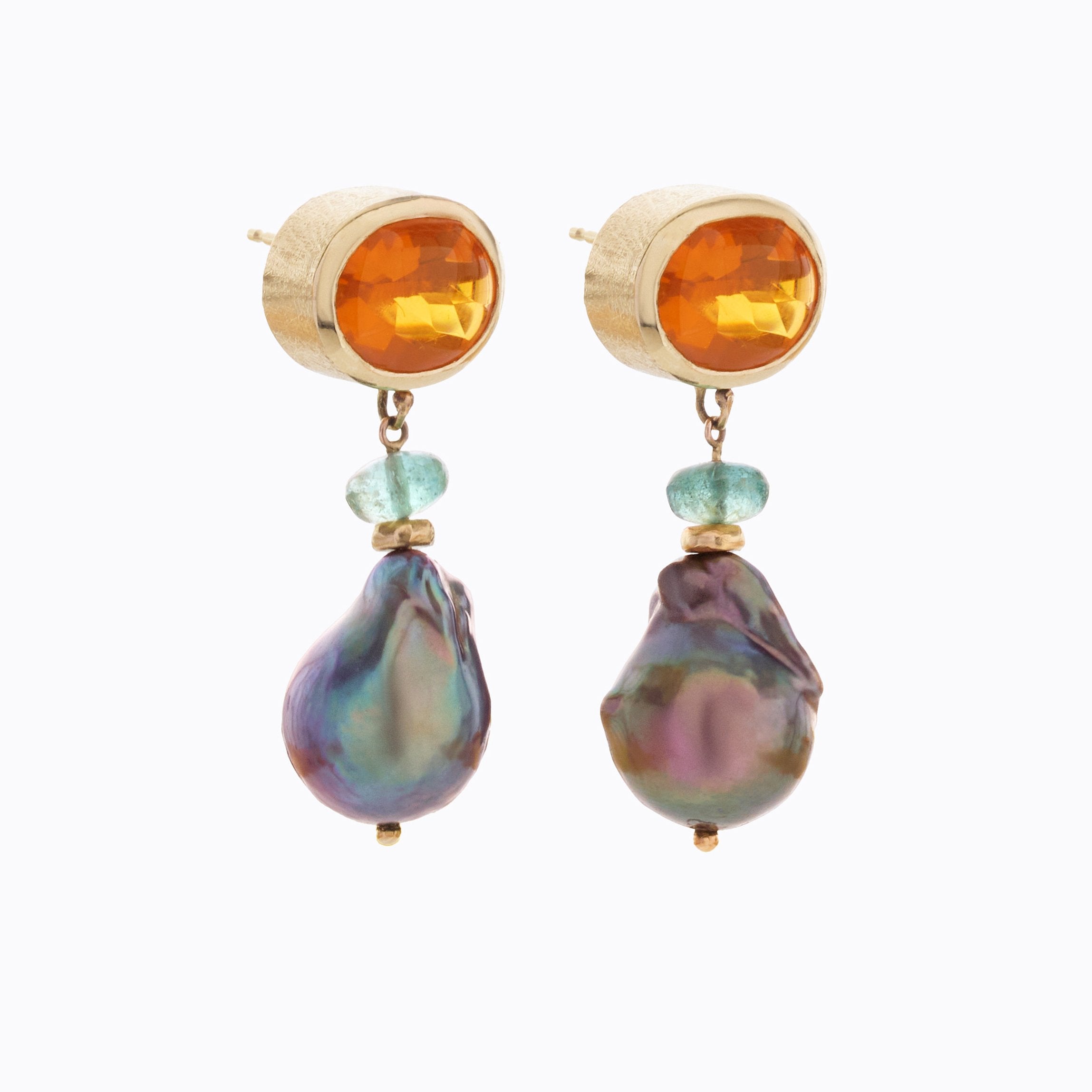 Pair of earrings with gold tops, opal gemstones, and colorful beads on a white background
