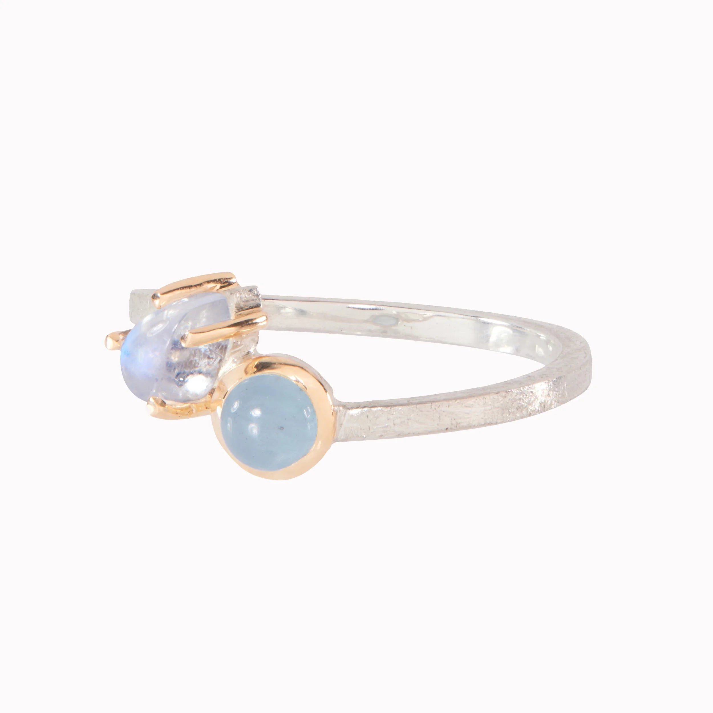 Silver ring with two gemstones on a white background