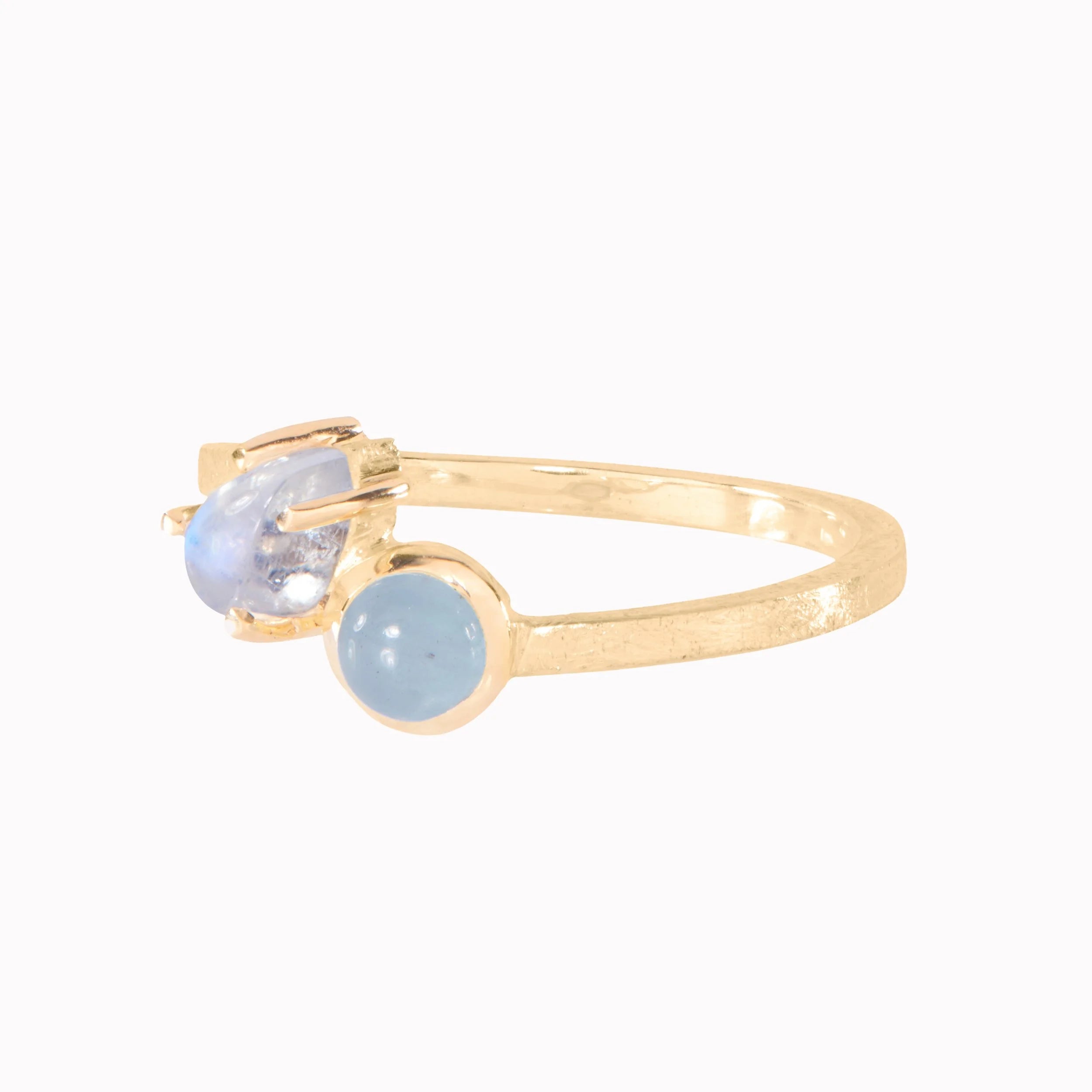 Gold ring with two gemstones on a white background