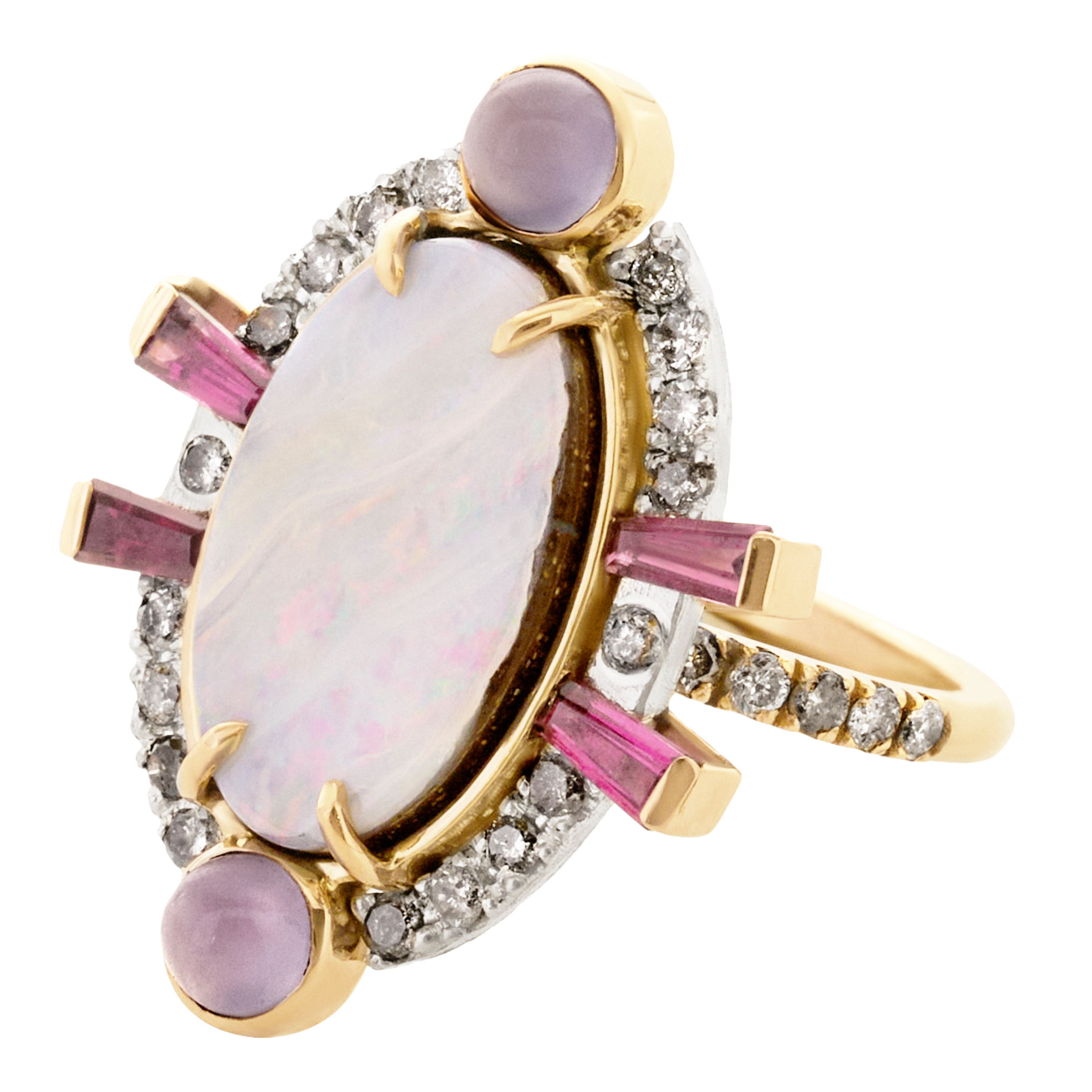 Gold ring with opal, pink gemstones, and diamonds on a white background