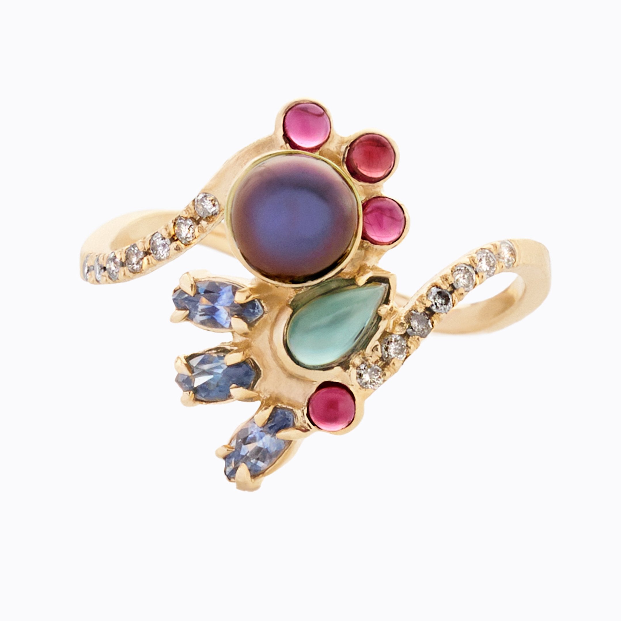 Gold ring with colorful gemstones on a white background