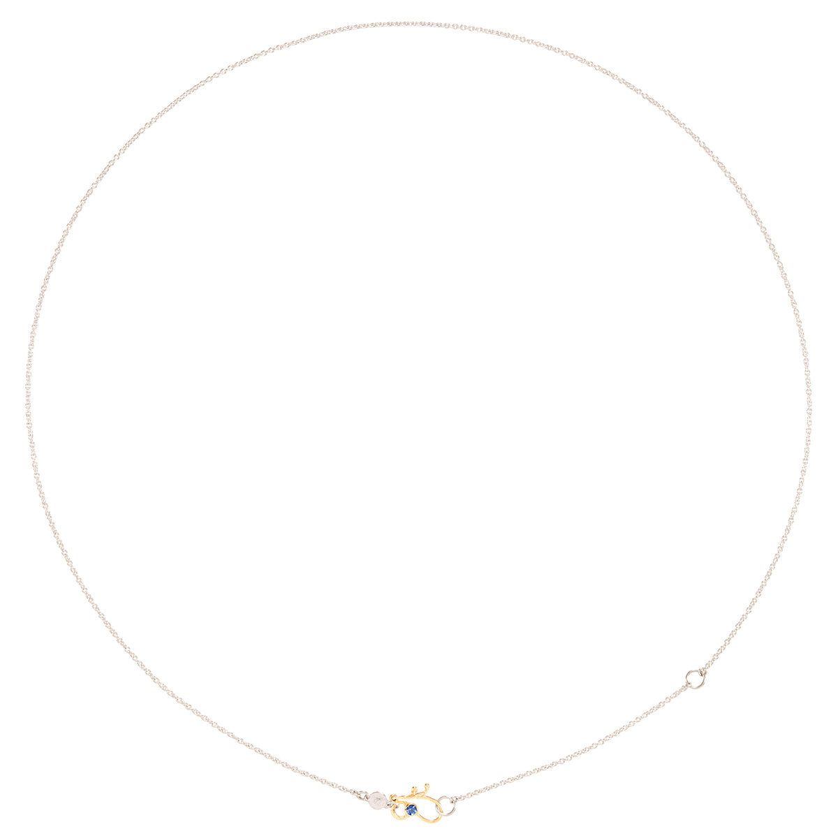 A delicate gold chain necklace with a small gold clasp featuring a tiny blue stone and, displayed on a solid white background.