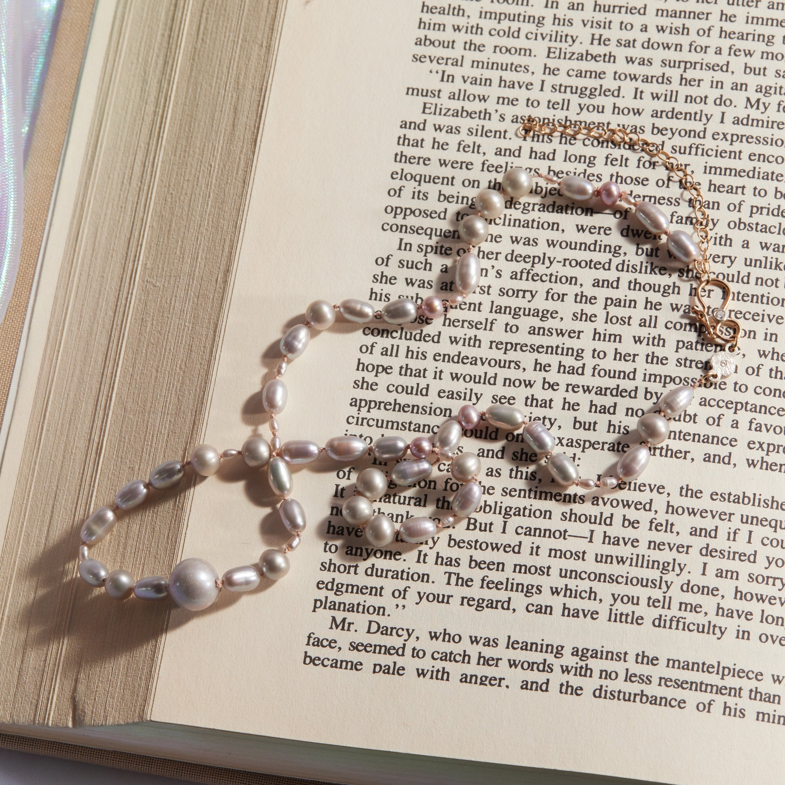 Pearl necklace on an open book