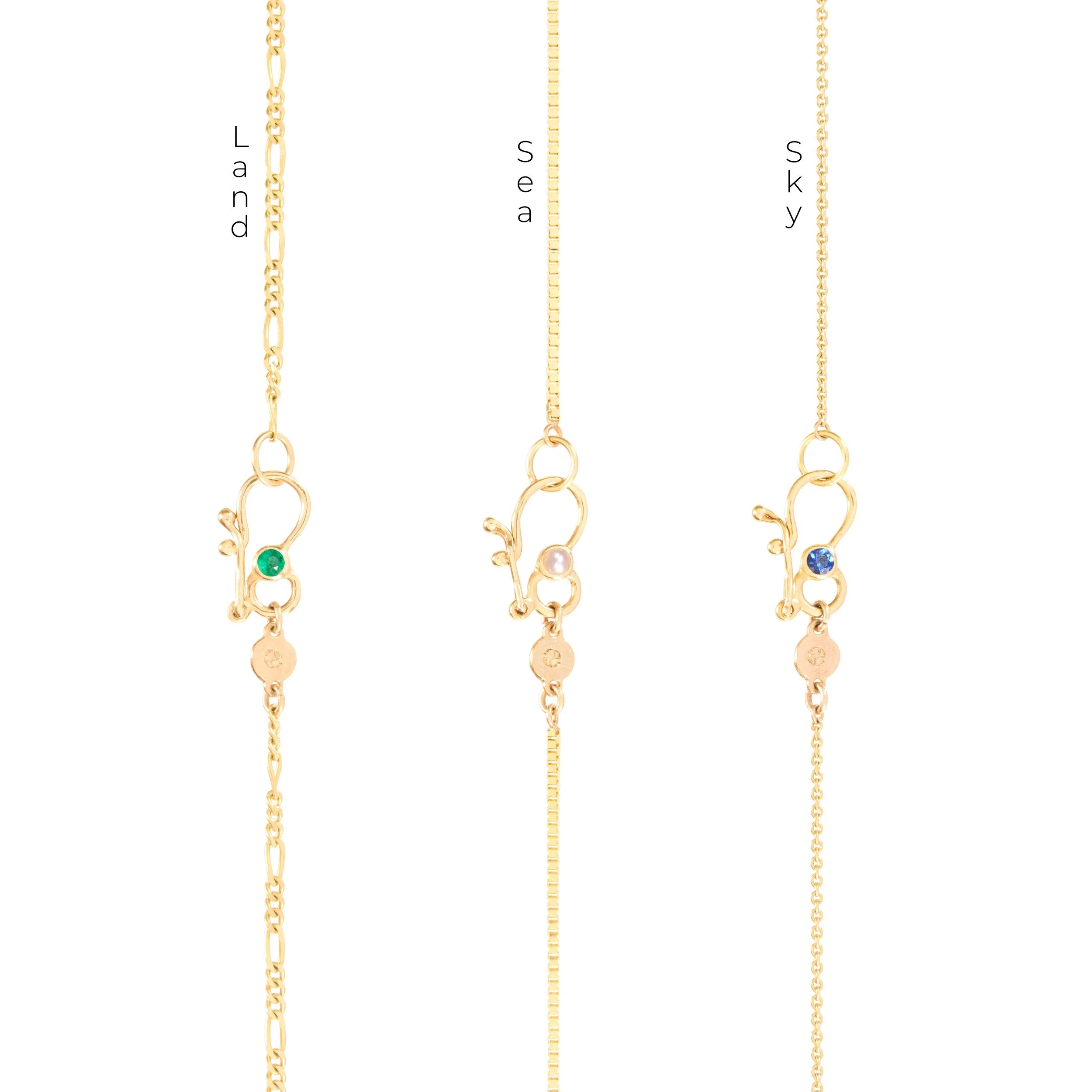 Three gold necklaces with gemstones on a white background