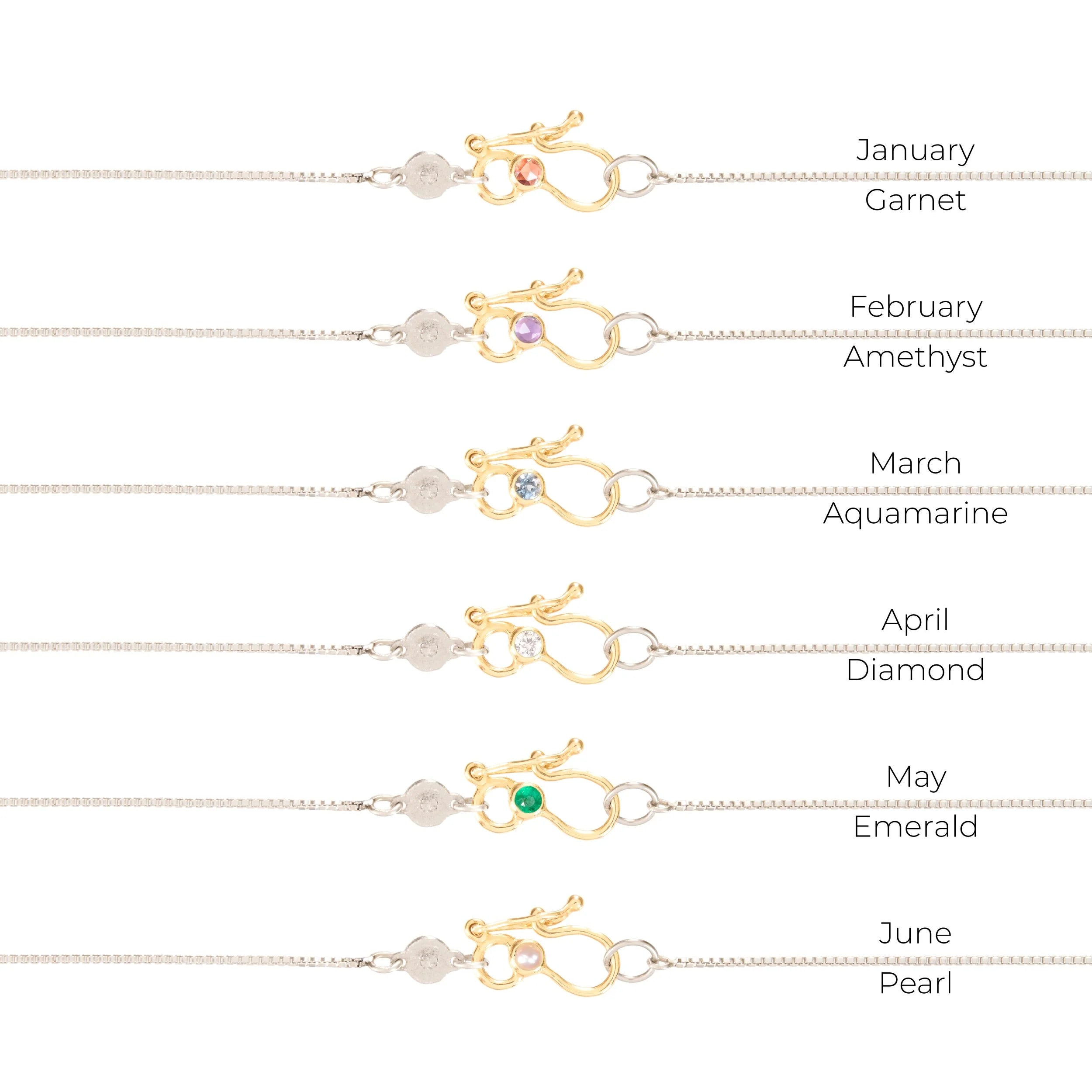 Necklaces with gemstones corresponding to each month, on a white background.