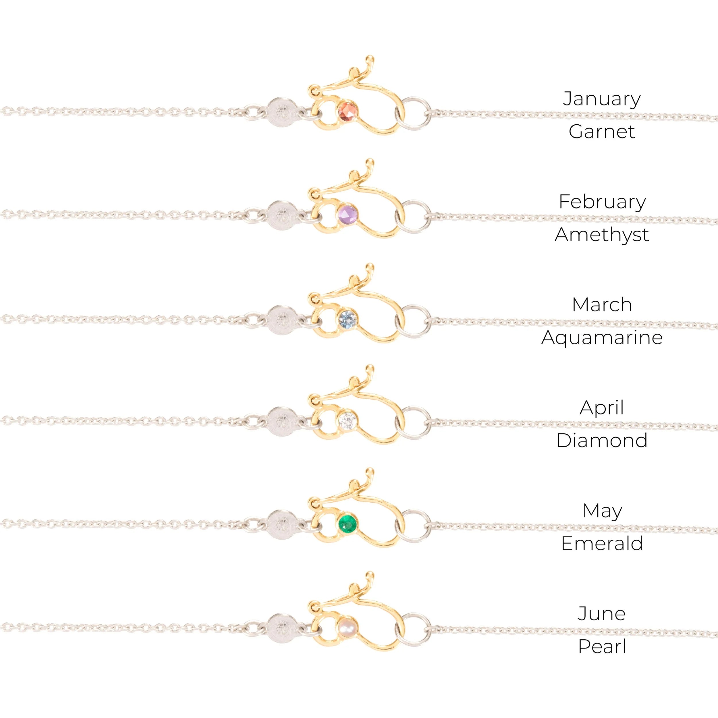 Gold necklaces set with gemstones for each month, on a white background.