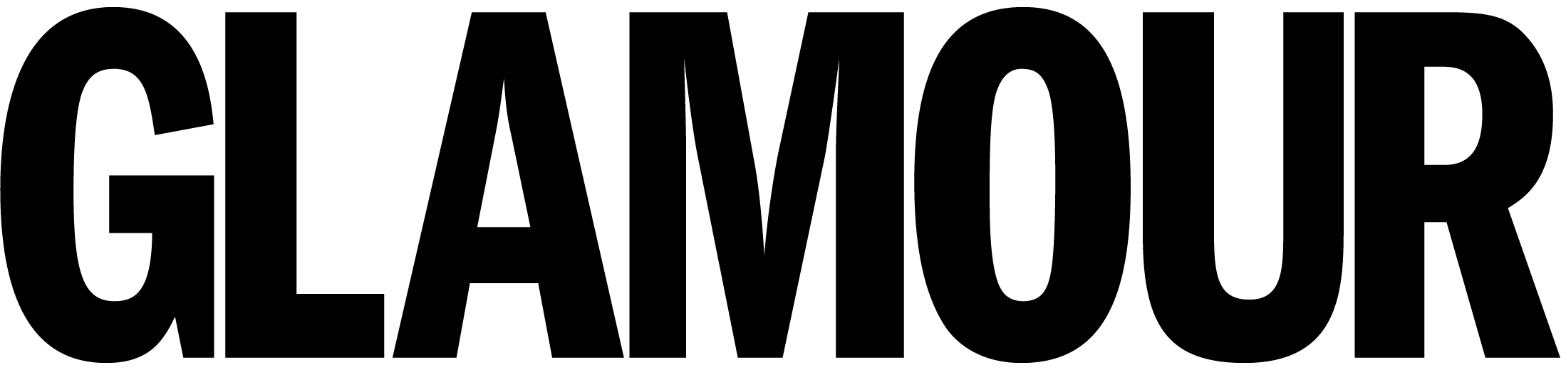 Black 'GLAMOUR' logo on a white background