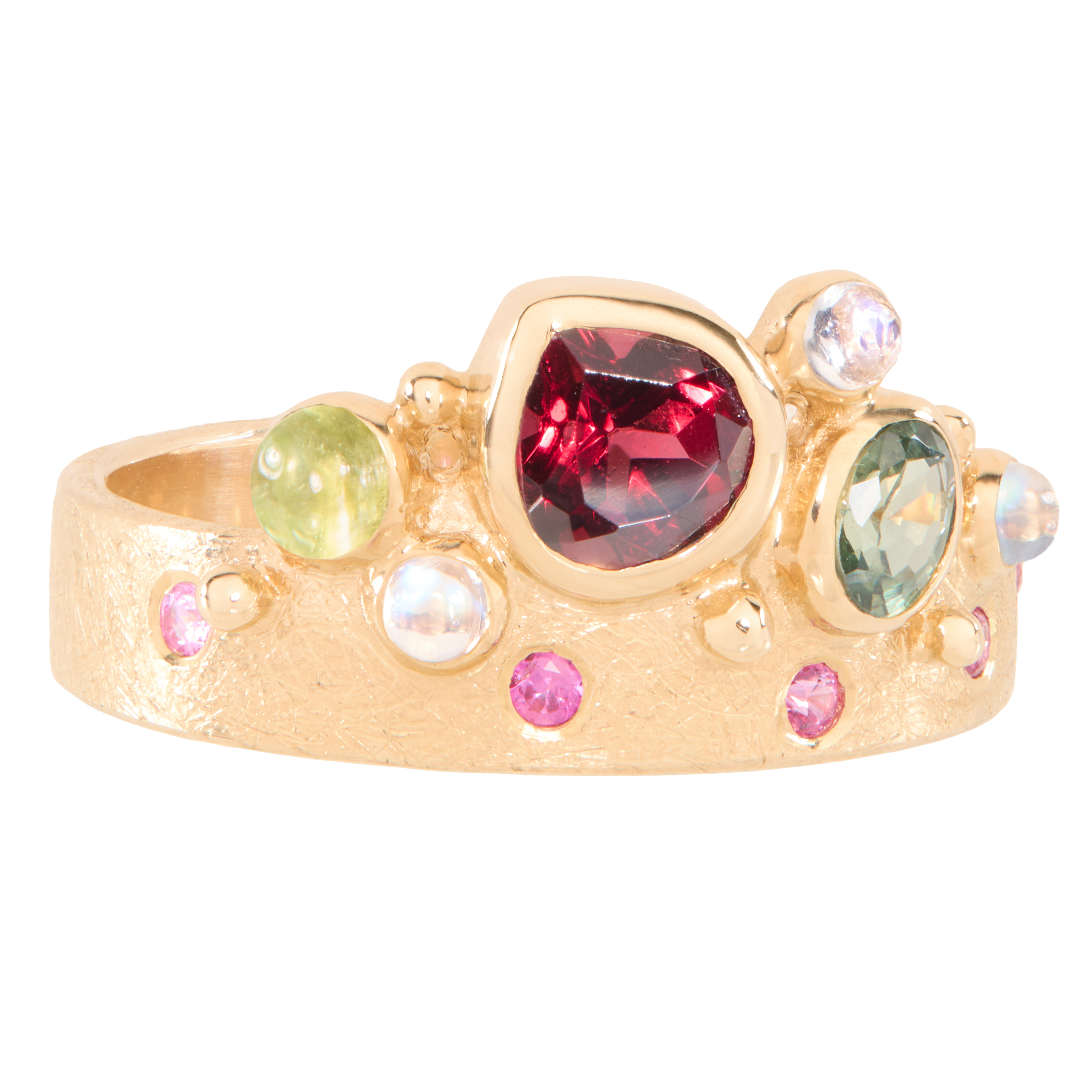 Gold ring with multicolored gemstones on a white background
