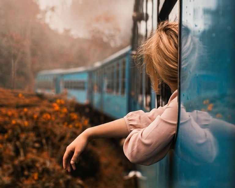 Person with blonde hair sticking their head out of a train window, surrounded by autumn foliage and mountains.