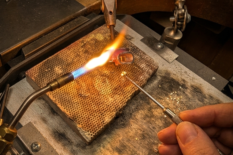 Person working with a flame on a small metal ring using a torch and pick.