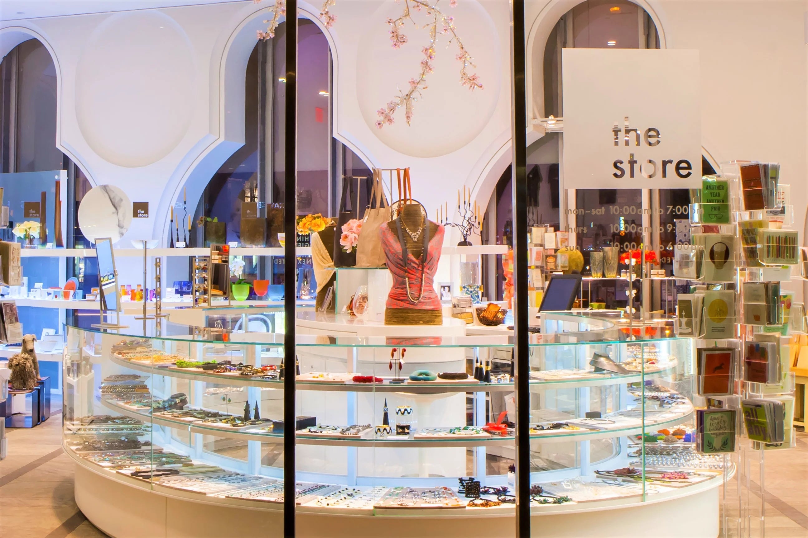 Display case with various items in a store setting